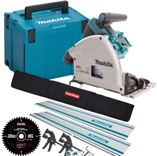 Makita DSP600ZJ 36V Brushless Plunge Saw Body Only + 2 x Guide Rail, Connector with Blade & Clamp Set