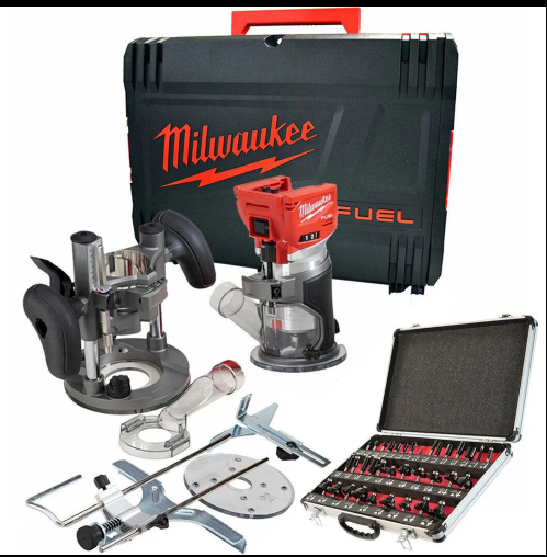 Milwaukee M18FTR-0 18V Brushless Trim Router in Case + 1/4" 35 Piece Cutter Set